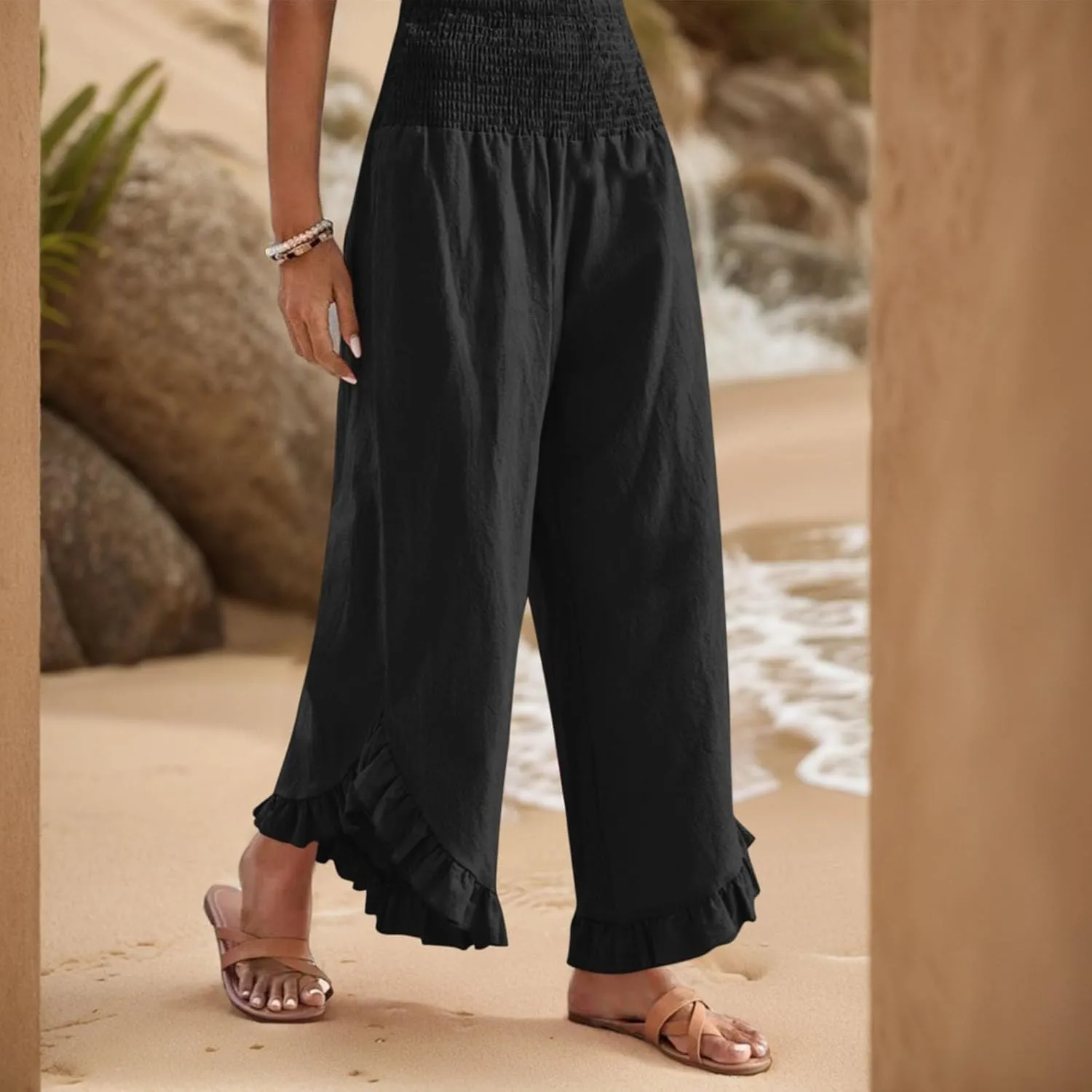 eoeioa Palazzo Pants for Women Dressy Elastic High Waisted Palazzo Pants Casual Ruffle Hem Linen Pant with Pockets