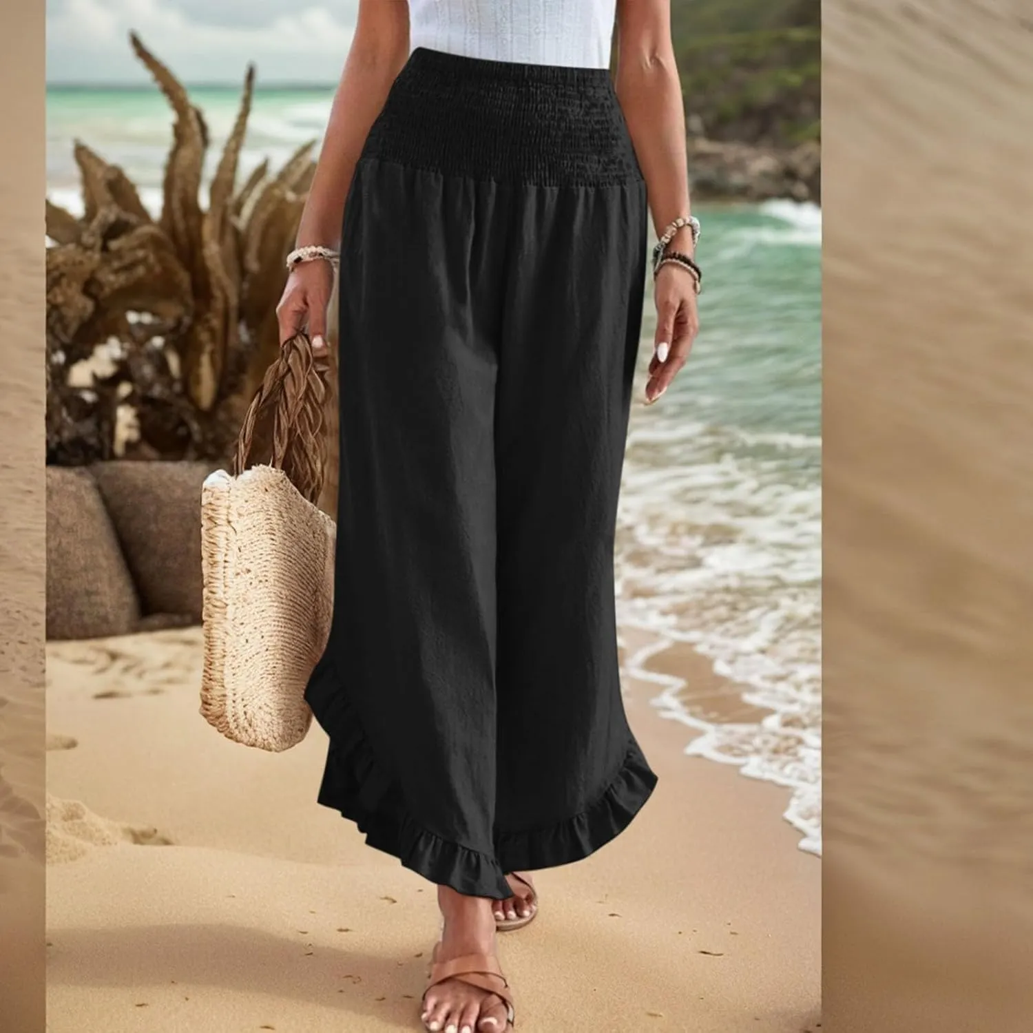 eoeioa Palazzo Pants for Women Dressy Elastic High Waisted Palazzo Pants Casual Ruffle Hem Linen Pant with Pockets
