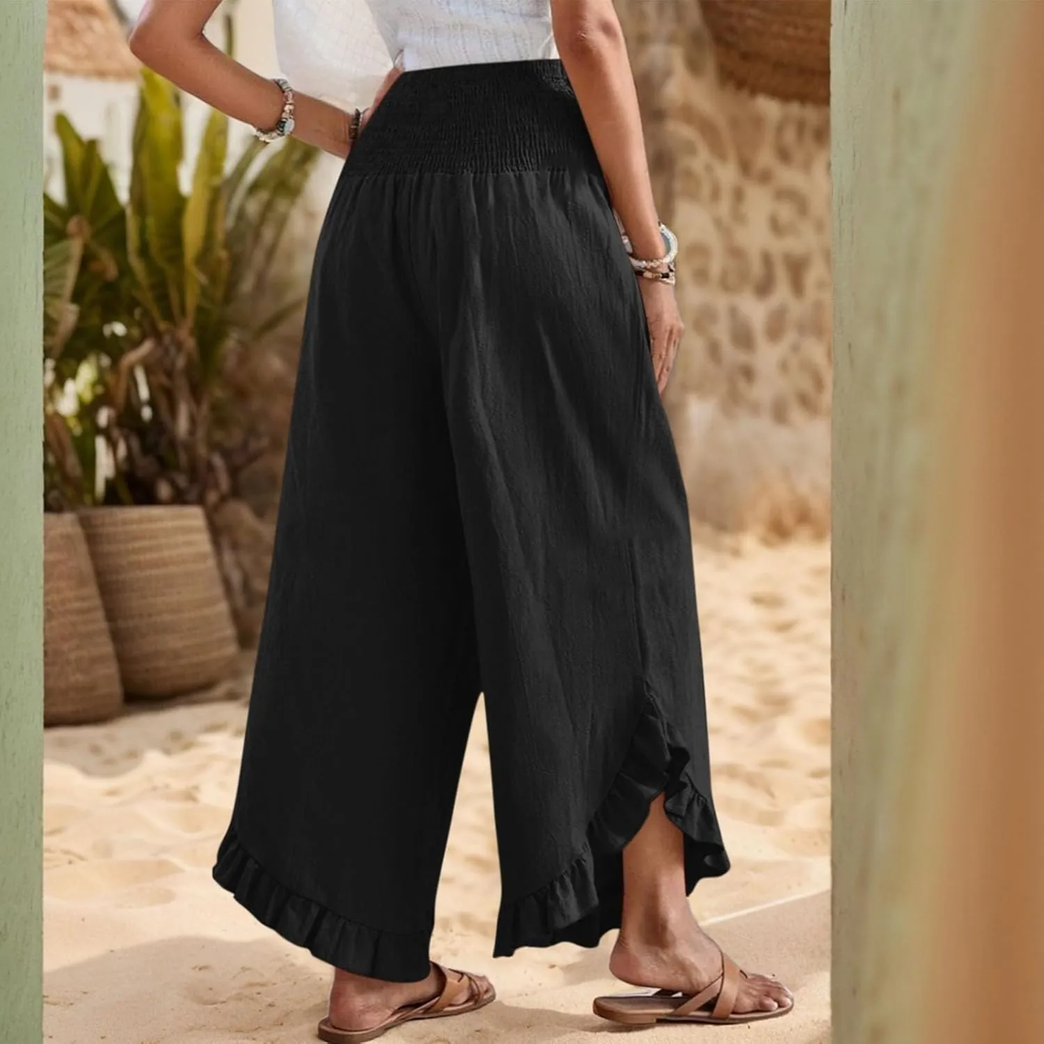 eoeioa Palazzo Pants for Women Dressy Elastic High Waisted Palazzo Pants Casual Ruffle Hem Linen Pant with Pockets