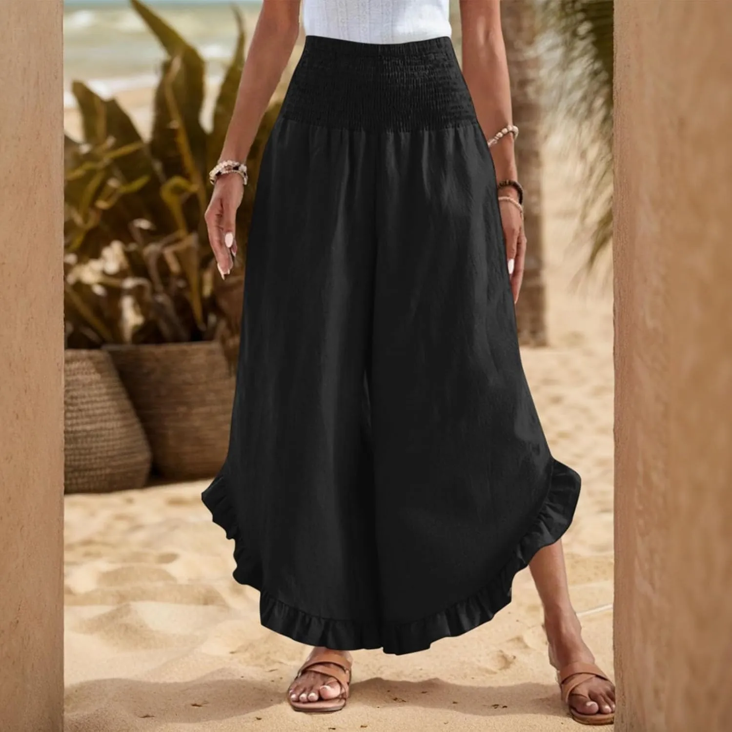 eoeioa Palazzo Pants for Women Dressy Elastic High Waisted Palazzo Pants Casual Ruffle Hem Linen Pant with Pockets