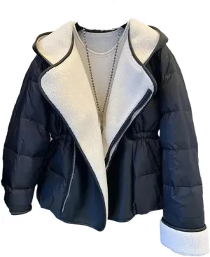 ERFMFKL Women Winter Lamb Wool Patchwork Parka Thick Warm Loose Hooded Cotton Padded Jacket Coat