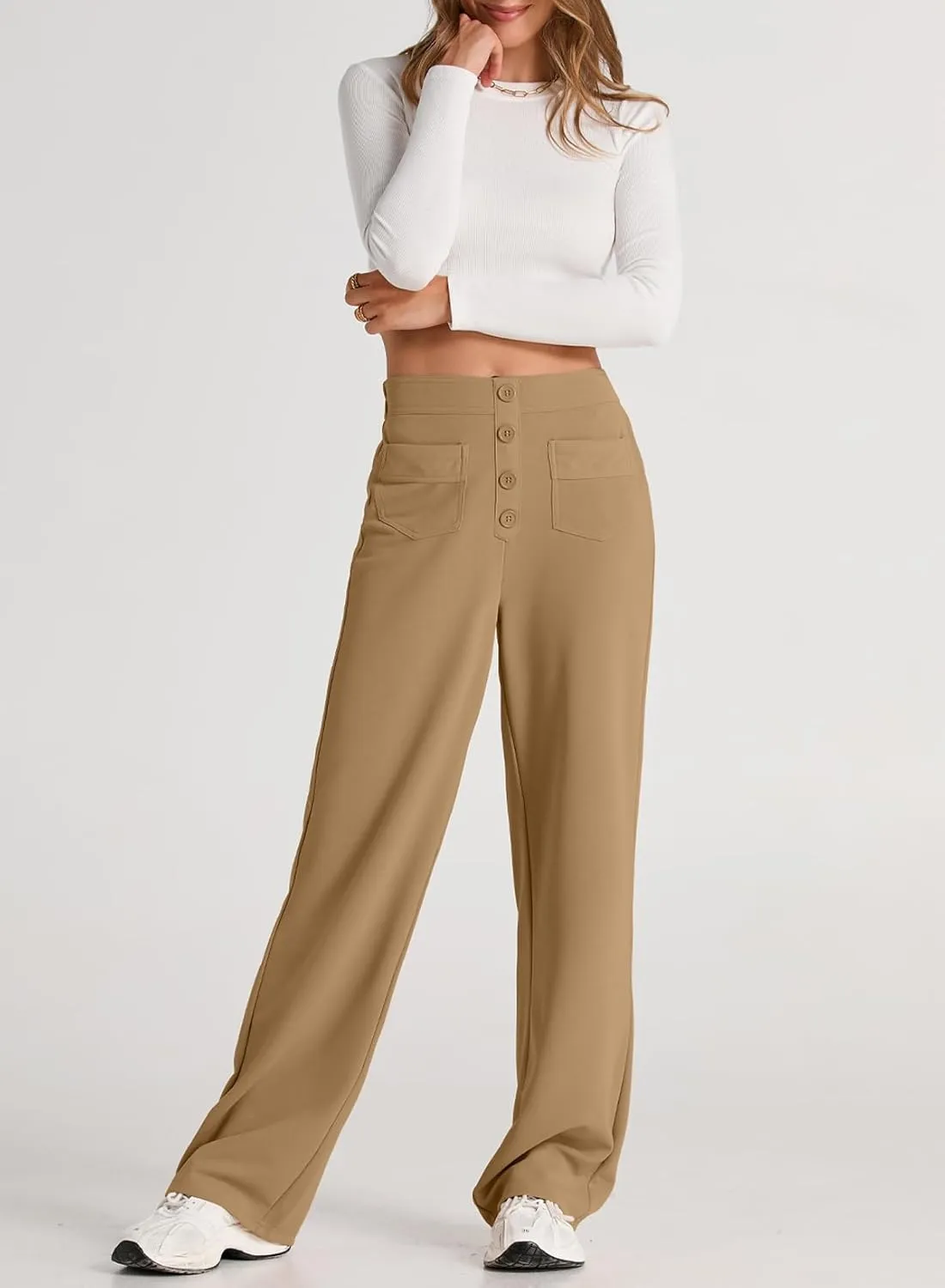 EVALESS Women's Spring 2025 Dress Pants High Waist Straight Leg Pants Button Down Bottoms Work Pants Trousers with Pockets