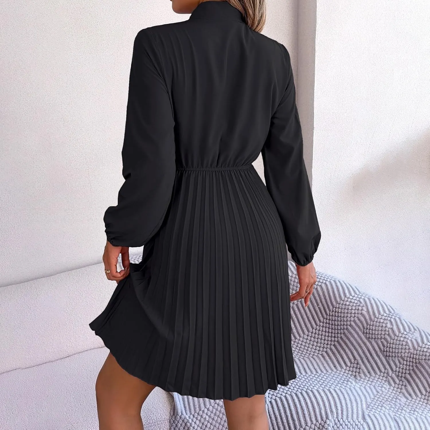Fall Flowy Dresses for Women Elegant Bow tie Pleated Mini Dresses Empire Waist Long Sleeve Casual Shift Dresses