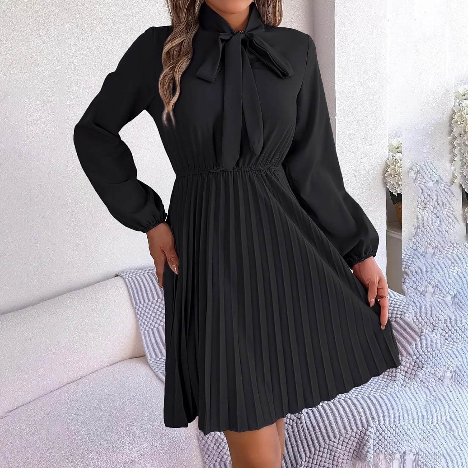 Fall Flowy Dresses for Women Elegant Bow tie Pleated Mini Dresses Empire Waist Long Sleeve Casual Shift Dresses