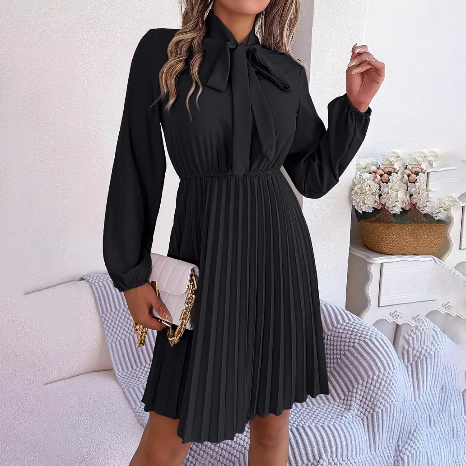 Fall Flowy Dresses for Women Elegant Bow tie Pleated Mini Dresses Empire Waist Long Sleeve Casual Shift Dresses