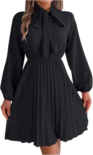 Fall Flowy Dresses for Women Elegant Bow tie Pleated Mini Dresses Empire Waist Long Sleeve Casual Shift Dresses