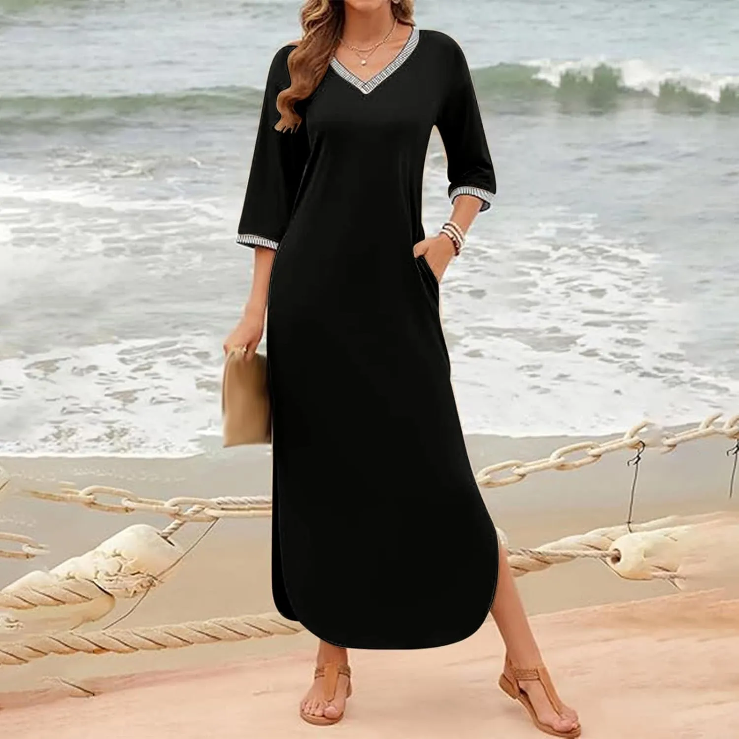 Fall Work Dresses for Women 2024 3/4 Sleeve Loose v Neck Ankle Length Dresses Casual Split Maxi Dresses with Pockets