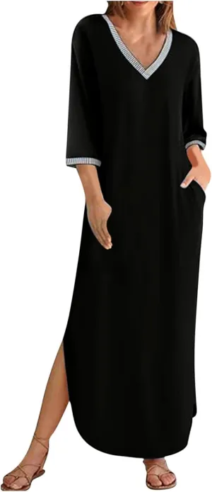Fall Work Dresses for Women 2024 3/4 Sleeve Loose v Neck Ankle Length Dresses Casual Split Maxi Dresses with Pockets