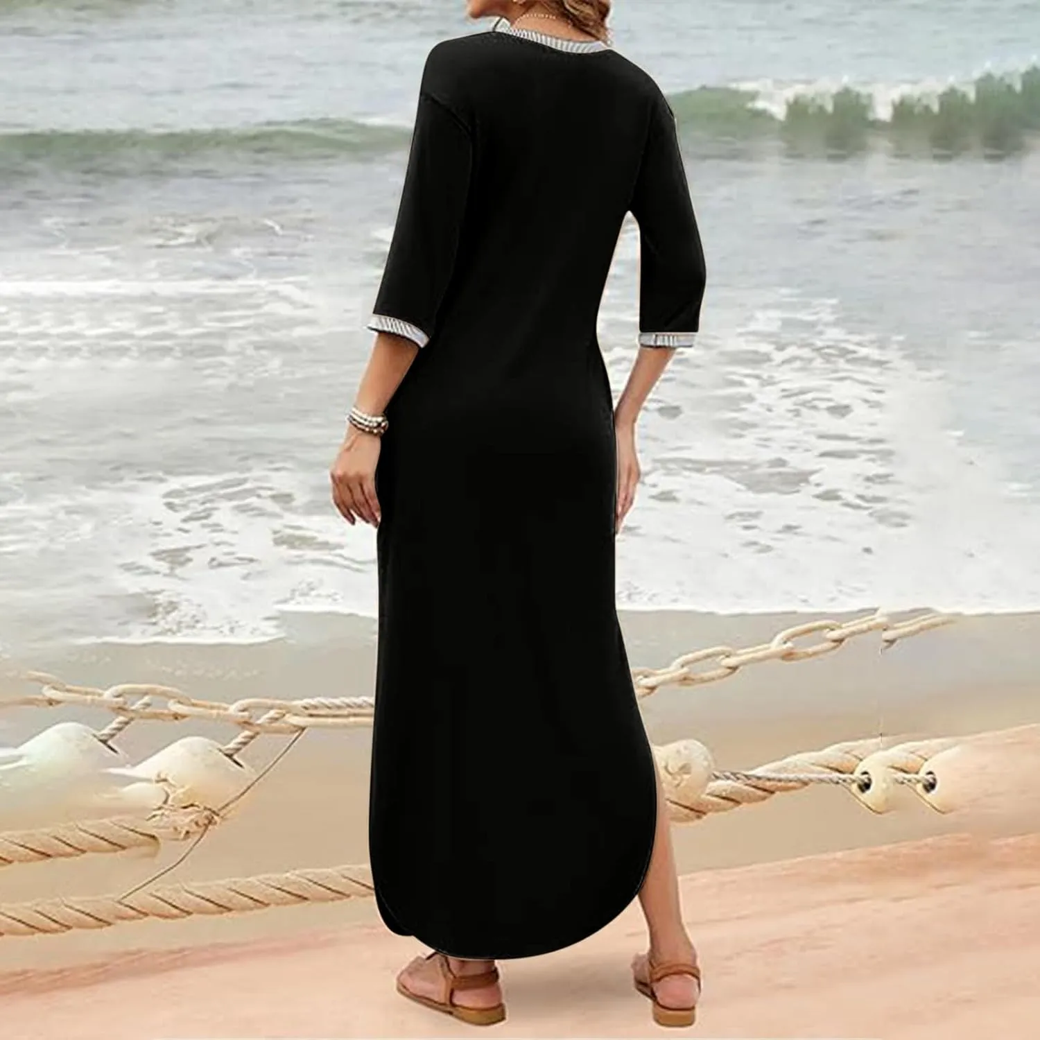 Fall Work Dresses for Women 2024 3/4 Sleeve Loose v Neck Ankle Length Dresses Casual Split Maxi Dresses with Pockets