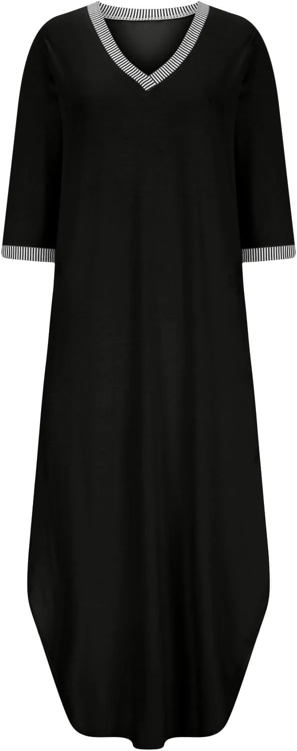 Fall Work Dresses for Women 2024 3/4 Sleeve Loose v Neck Ankle Length Dresses Casual Split Maxi Dresses with Pockets