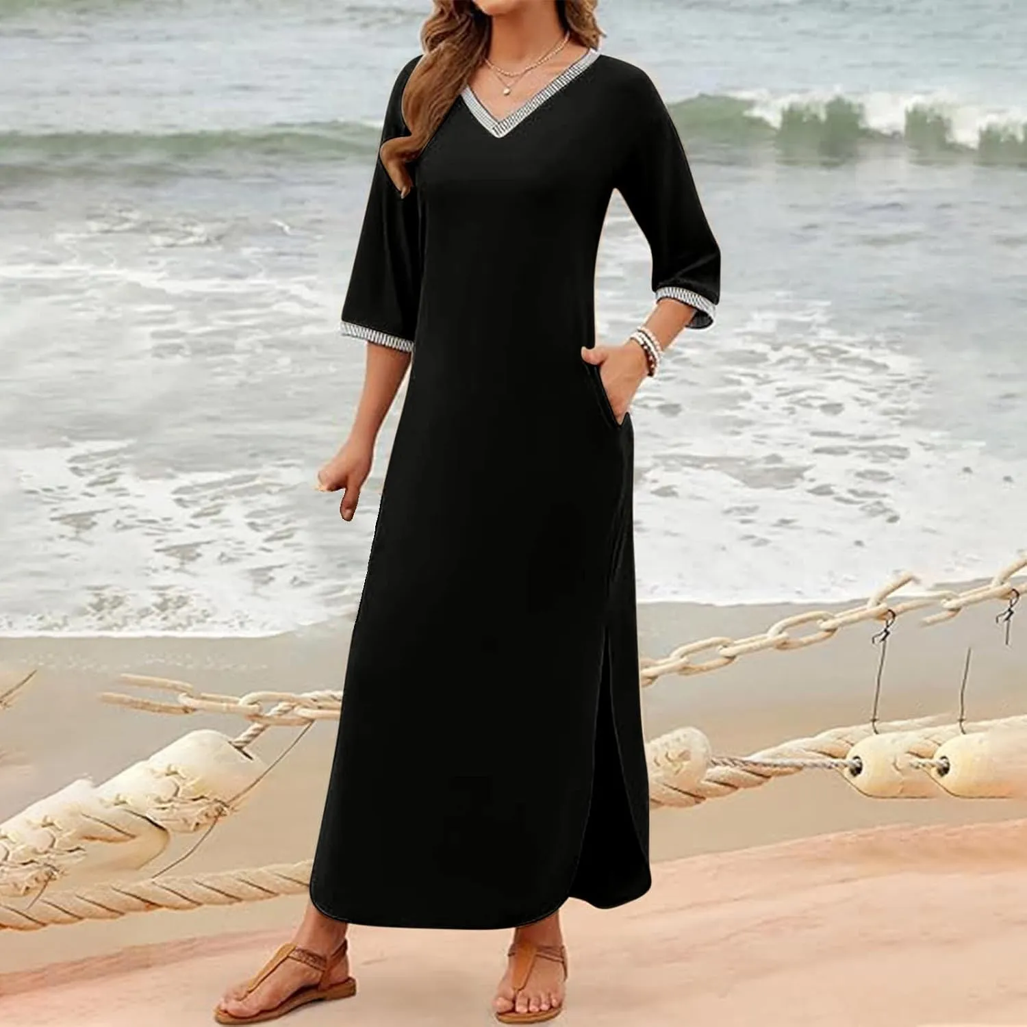 Fall Work Dresses for Women 2024 3/4 Sleeve Loose v Neck Ankle Length Dresses Casual Split Maxi Dresses with Pockets