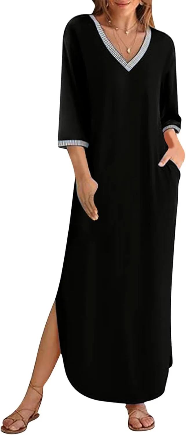Fall Work Dresses for Women 2024 3/4 Sleeve Loose v Neck Ankle Length Dresses Casual Split Maxi Dresses with Pockets