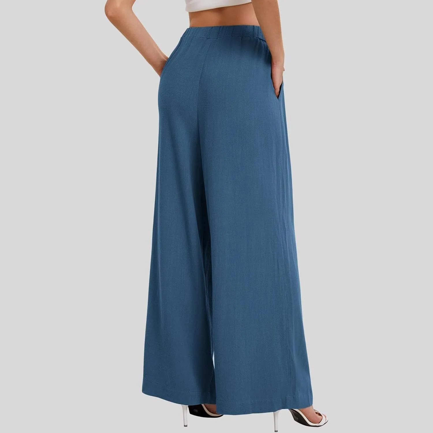 fanmpghleoo Womens Linen Palazzo Pants Summer Casual Loose High Waisted Flowy Wide Leg Pants Beach Trousers with Pockets
