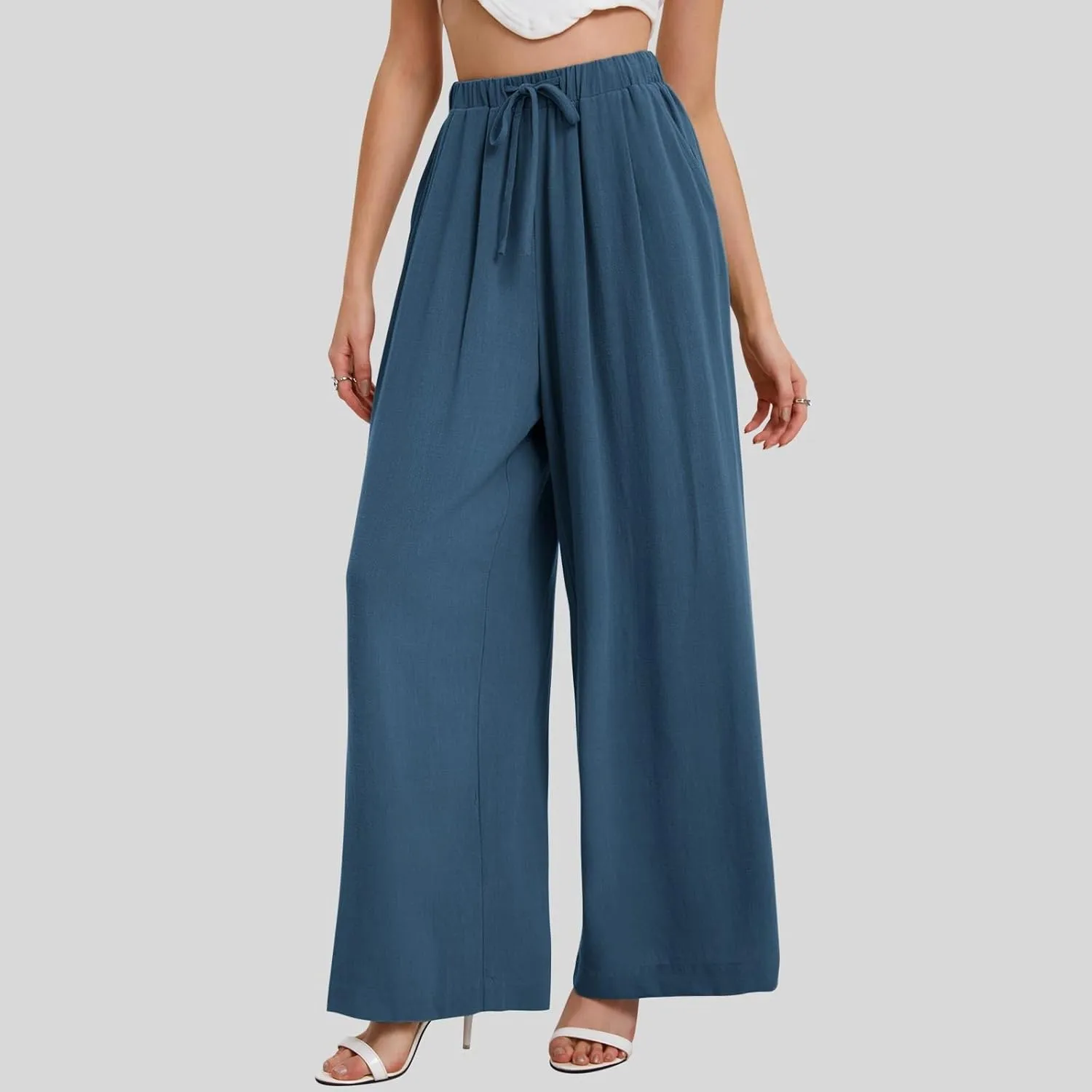 fanmpghleoo Womens Linen Palazzo Pants Summer Casual Loose High Waisted Flowy Wide Leg Pants Beach Trousers with Pockets