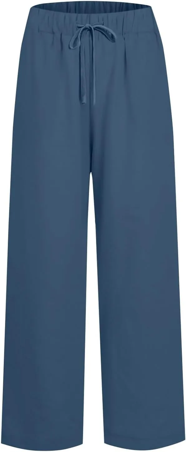 fanmpghleoo Womens Linen Palazzo Pants Summer Casual Loose High Waisted Flowy Wide Leg Pants Beach Trousers with Pockets