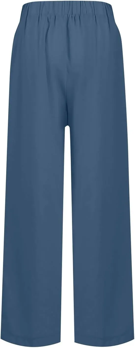 fanmpghleoo Womens Linen Palazzo Pants Summer Casual Loose High Waisted Flowy Wide Leg Pants Beach Trousers with Pockets