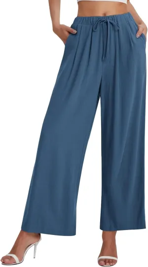 fanmpghleoo Womens Linen Palazzo Pants Summer Casual Loose High Waisted Flowy Wide Leg Pants Beach Trousers with Pockets
