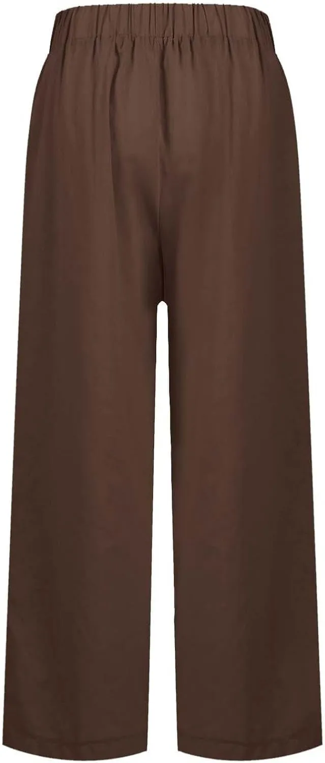 fanmpghleoo Women's Summer Casual Linen Pants Elastic Waist Loose Fit Straight Leg Crop Pants Beach Trousers with Pockets
