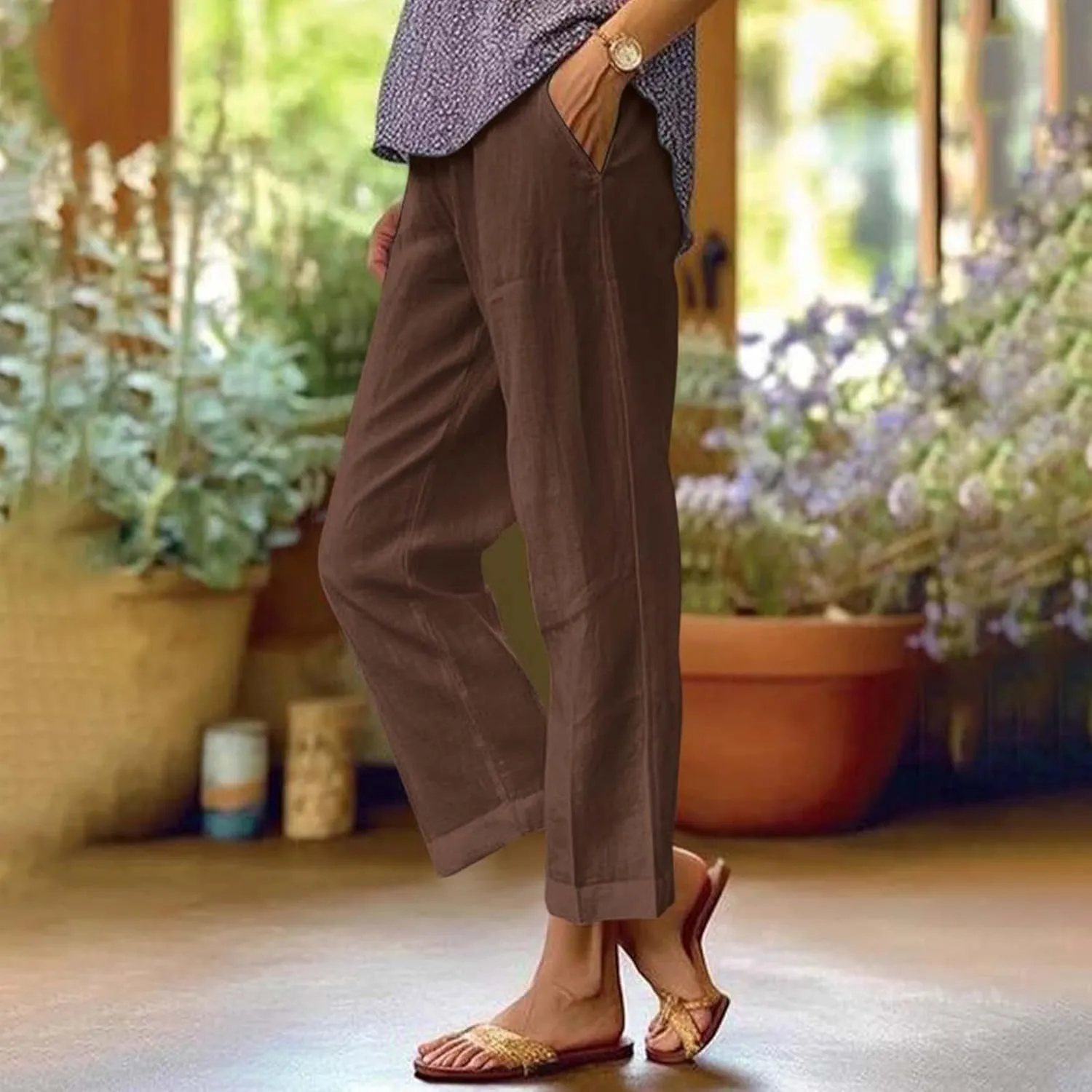 fanmpghleoo Women's Summer Casual Linen Pants Elastic Waist Loose Fit Straight Leg Crop Pants Beach Trousers with Pockets