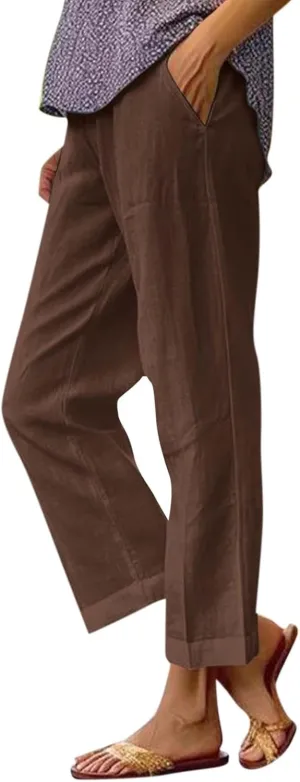 fanmpghleoo Women's Summer Casual Linen Pants Elastic Waist Loose Fit Straight Leg Crop Pants Beach Trousers with Pockets