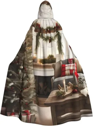 Farmhouse Christmas Parrern Print Halloween Hooded Cloak Hooded Cape Adult Halloween Costume Cosplay Witch Cloak with Extra Comfort Black