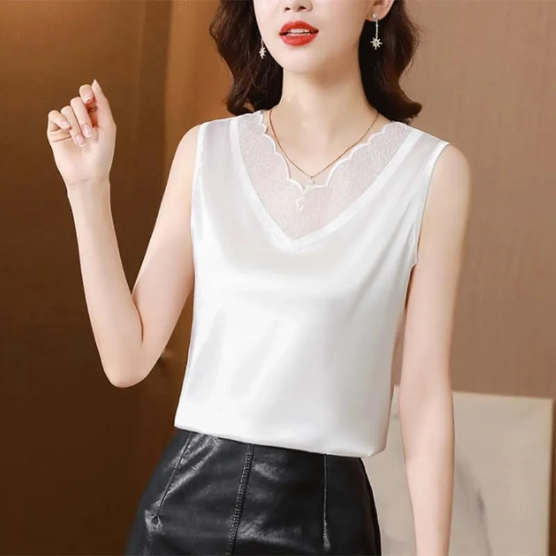 Fashionable Outerwear Lace Camisole Women's Large Size Slim Sleeveless Base Shirt Inner V-Neck Top(OneColor,XL)