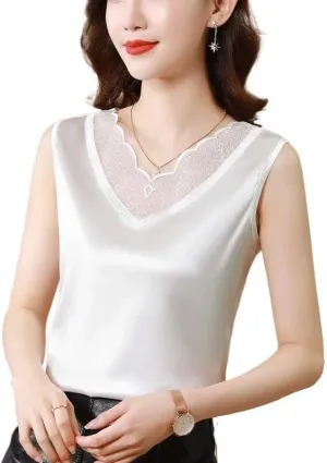Fashionable Outerwear Lace Camisole Women's Large Size Slim Sleeveless Base Shirt Inner V-Neck Top(OneColor,XL)