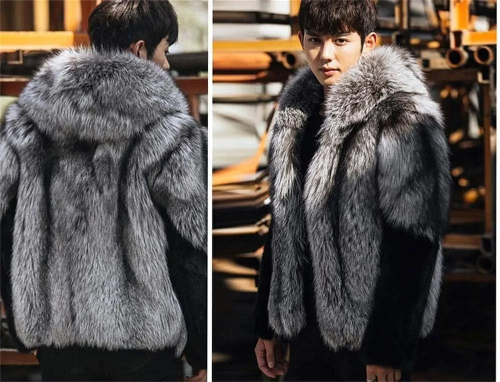 Faux Fox Fur Mink Coat Winter Warm Jacket Long Sleeve for Men Oversize Parka Outerwear With Hood