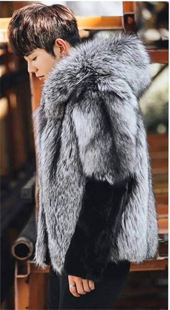 Faux Fox Fur Mink Coat Winter Warm Jacket Long Sleeve for Men Oversize Parka Outerwear With Hood