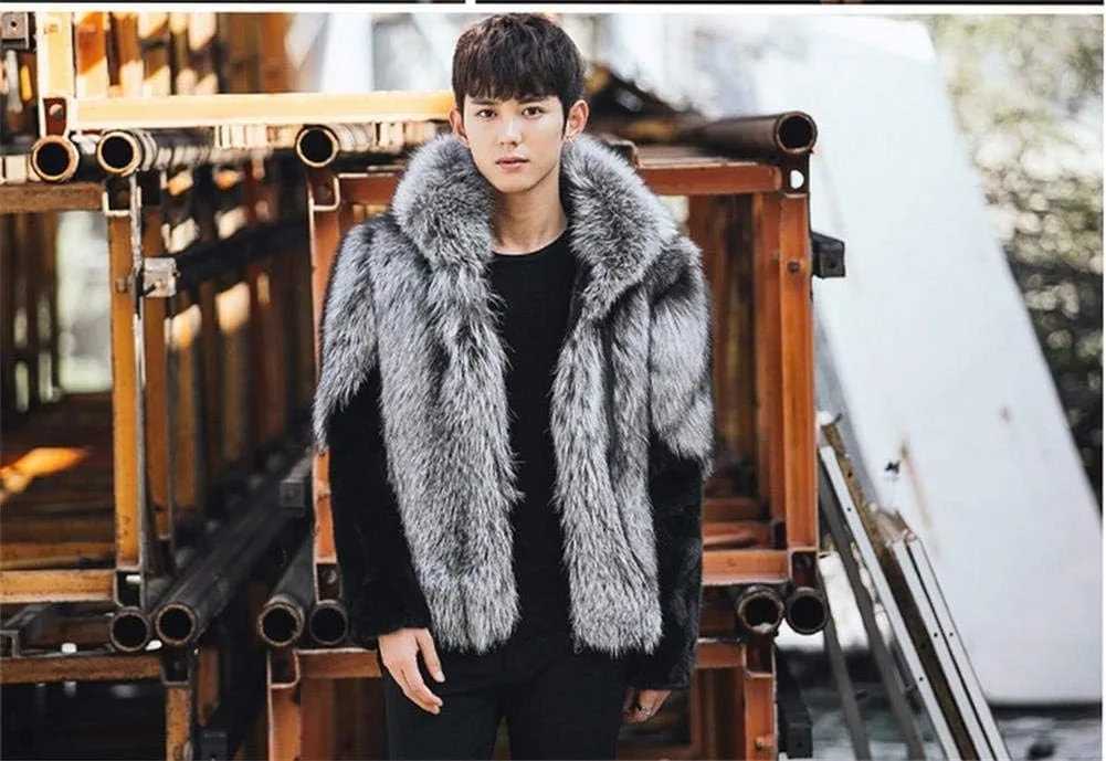 Faux Fox Fur Mink Coat Winter Warm Jacket Long Sleeve for Men Oversize Parka Outerwear With Hood