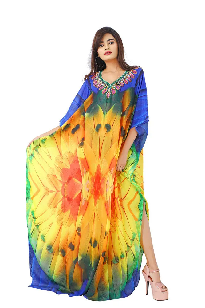 Feathery Silk Kaftan Swim wear caftan stunning beach dress silk kaftan maxi dress heavily embellished caftan