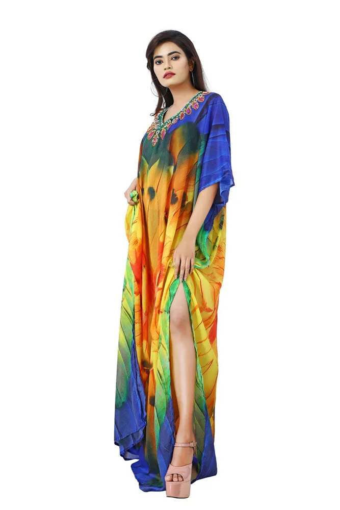 Feathery Silk Kaftan Swim wear caftan stunning beach dress silk kaftan maxi dress heavily embellished caftan