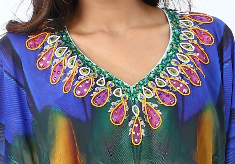 Feathery Silk Kaftan Swim wear caftan stunning beach dress silk kaftan maxi dress heavily embellished caftan