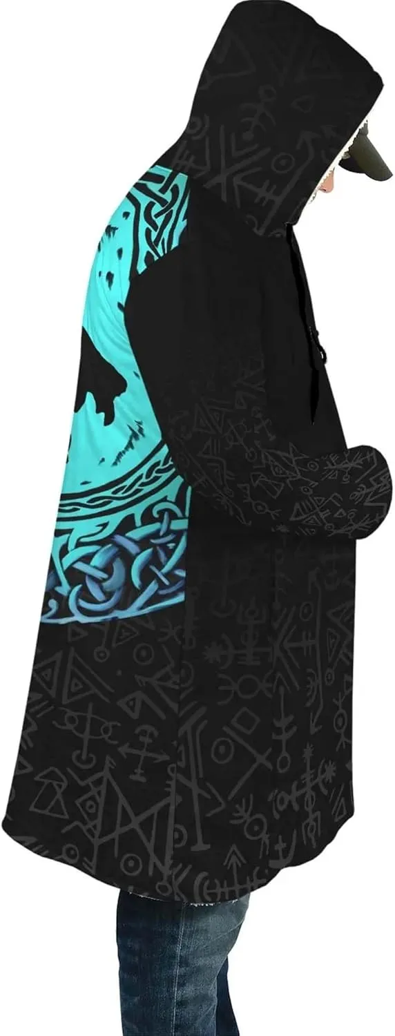 Fenrir Wolf Winter Jackets for Men, 3D Print Viking Tattoo Hooded Cloak, Mid-Length Parka Novelty Outerwear, Horn Buckle Robe