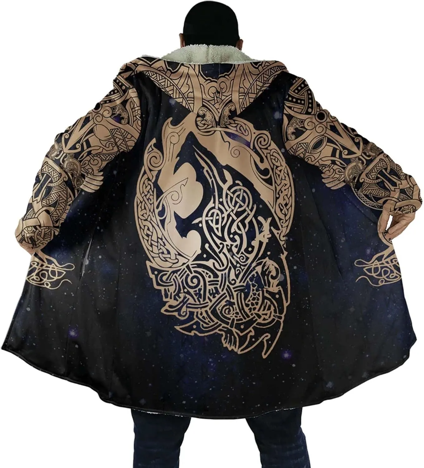 Fenrir Wolf Winter Jackets for Men, 3D Print Viking Tattoo Hooded Cloak, Mid-Length Parka Novelty Outerwear, Horn Buckle Robe