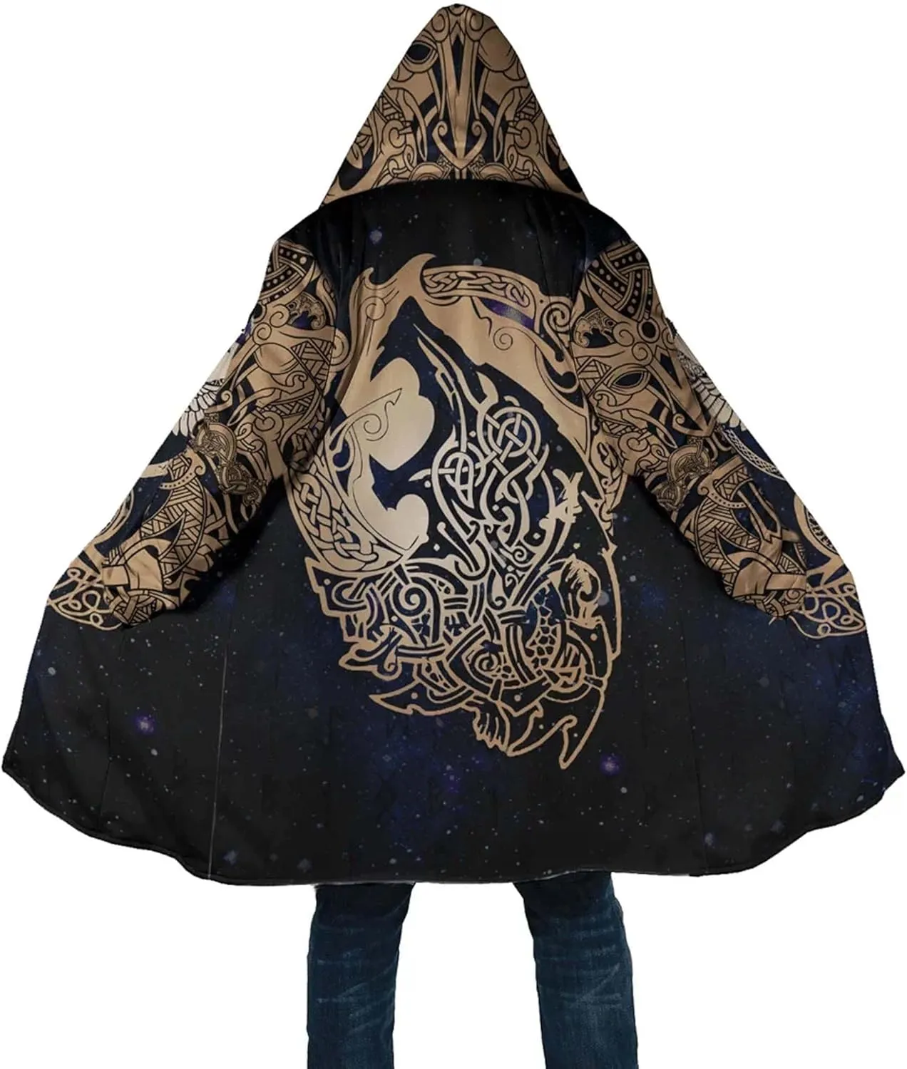 Fenrir Wolf Winter Jackets for Men, 3D Print Viking Tattoo Hooded Cloak, Mid-Length Parka Novelty Outerwear, Horn Buckle Robe
