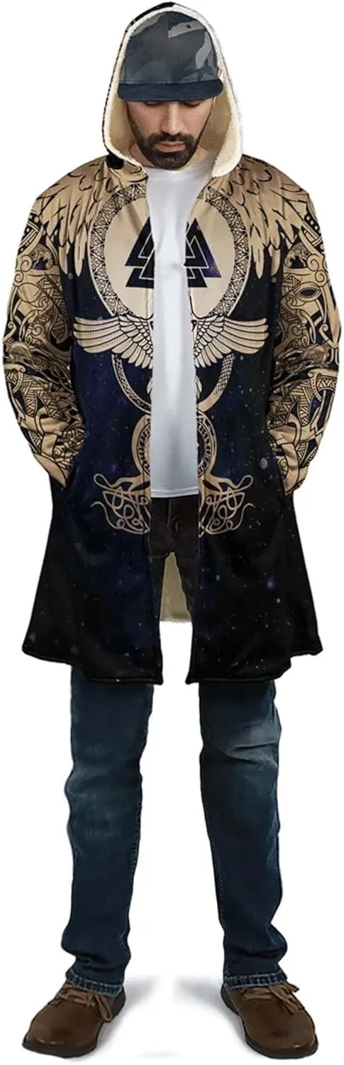 Fenrir Wolf Winter Jackets for Men, 3D Print Viking Tattoo Hooded Cloak, Mid-Length Parka Novelty Outerwear, Horn Buckle Robe