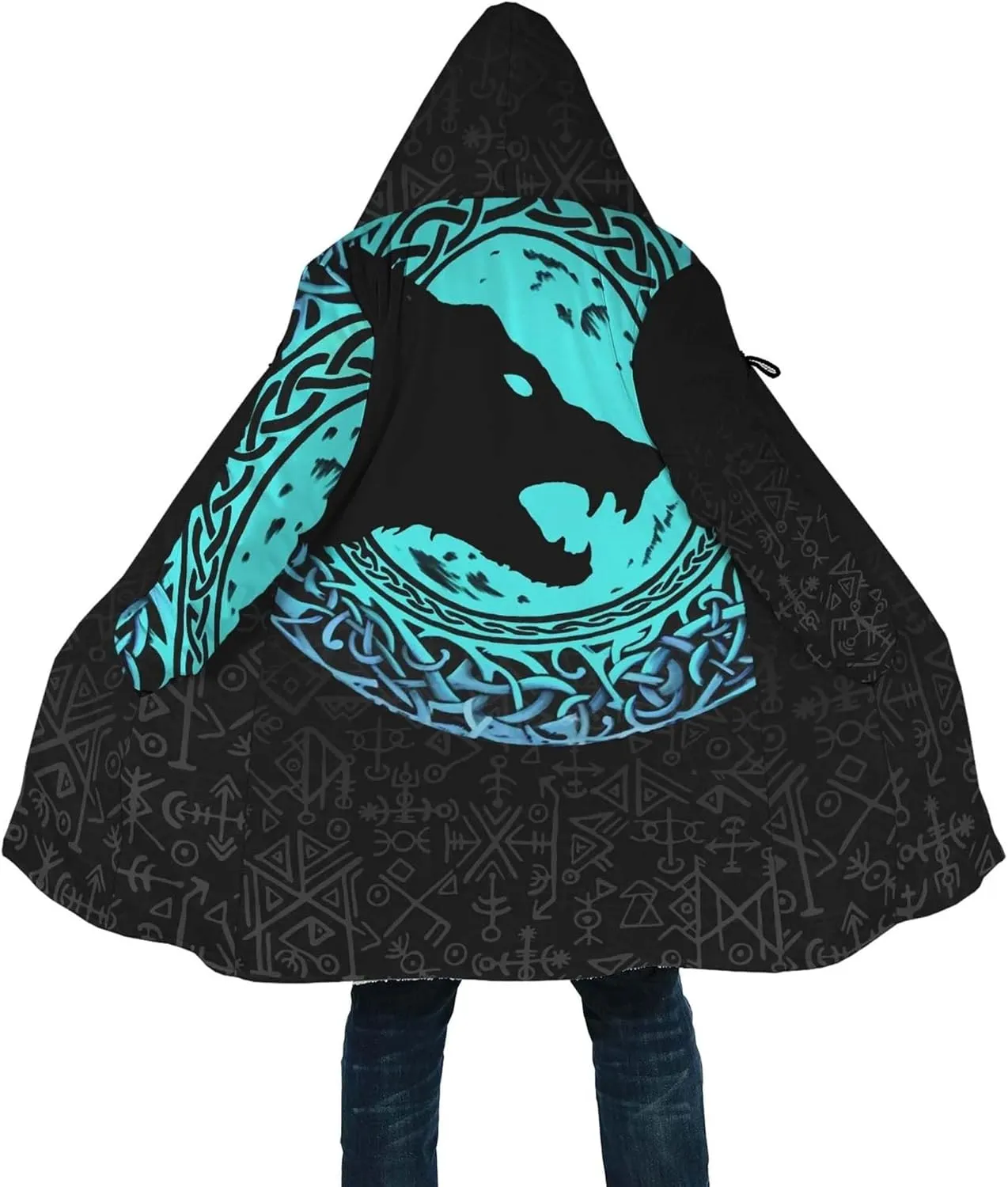 Fenrir Wolf Winter Jackets for Men, 3D Print Viking Tattoo Hooded Cloak, Mid-Length Parka Novelty Outerwear, Horn Buckle Robe