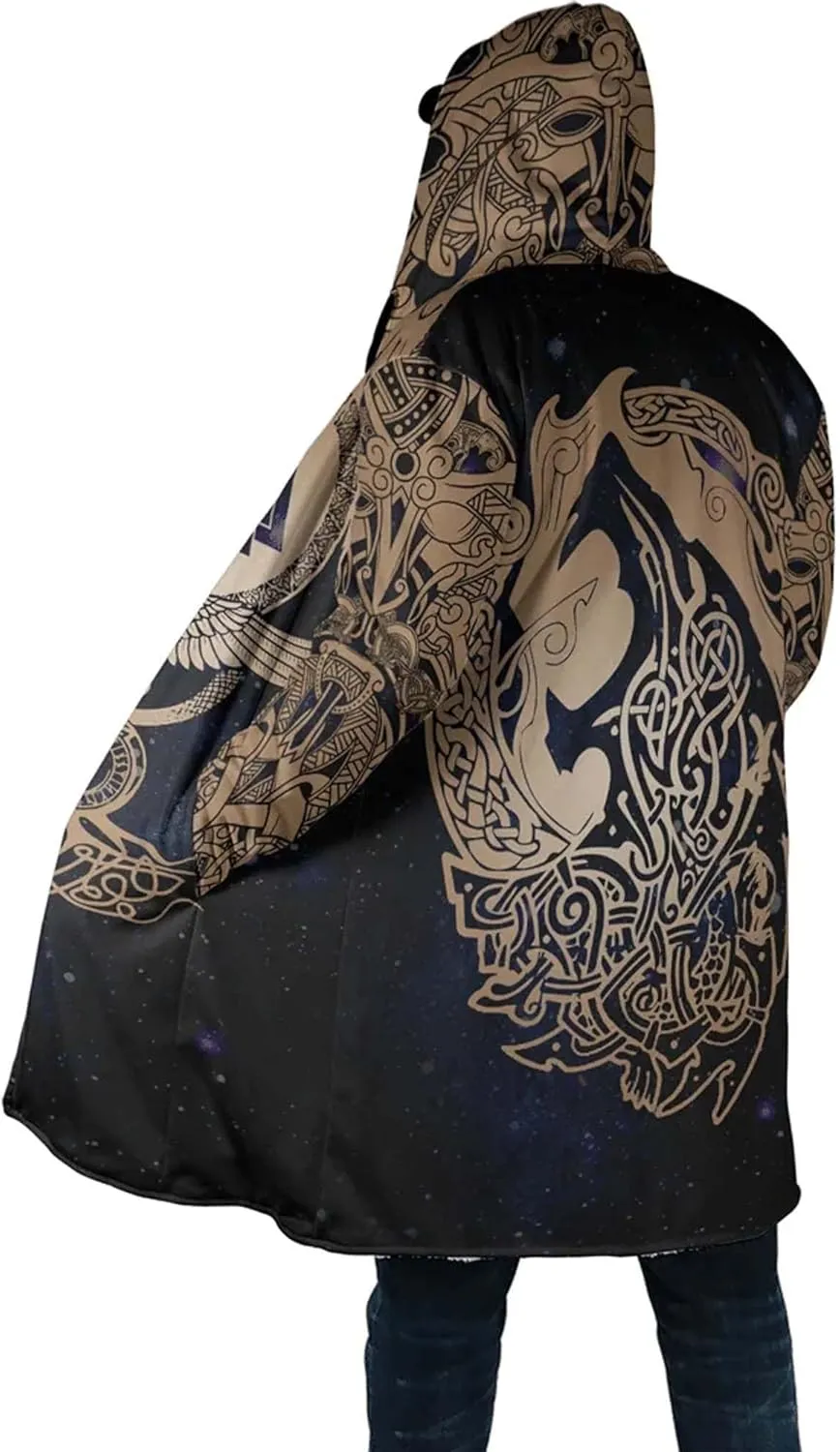 Fenrir Wolf Winter Jackets for Men, 3D Print Viking Tattoo Hooded Cloak, Mid-Length Parka Novelty Outerwear, Horn Buckle Robe