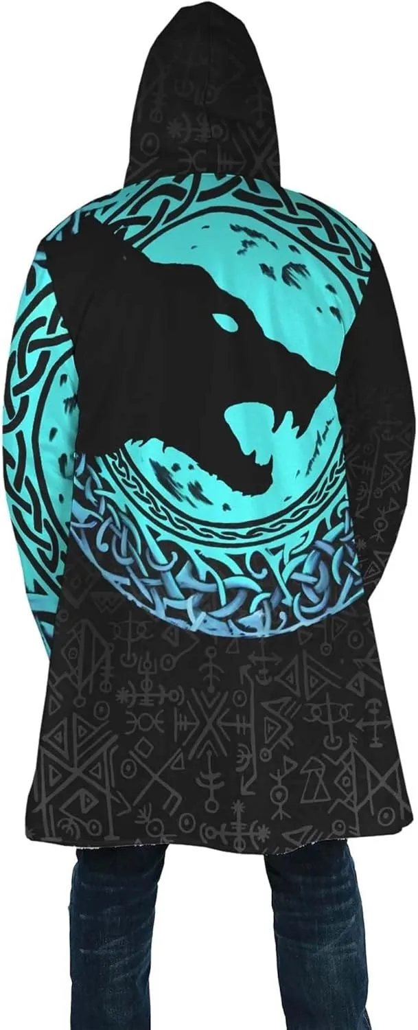 Fenrir Wolf Winter Jackets for Men, 3D Print Viking Tattoo Hooded Cloak, Mid-Length Parka Novelty Outerwear, Horn Buckle Robe