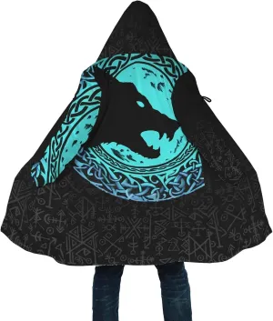 Fenrir Wolf Winter Jackets for Men, 3D Print Viking Tattoo Hooded Cloak, Mid-Length Parka Novelty Outerwear, Horn Buckle Robe