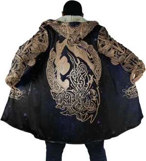 Fenrir Wolf Winter Jackets for Men, 3D Print Viking Tattoo Hooded Cloak, Mid-Length Parka Novelty Outerwear, Horn Buckle Robe