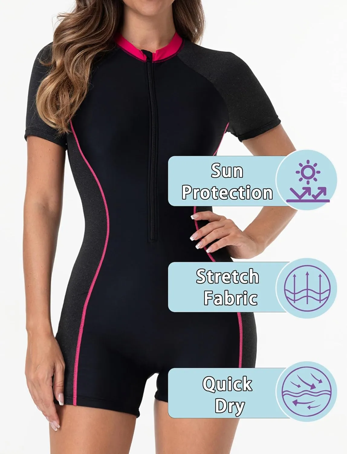 FEOYA One Piece Short Sleeve Athletic Swimsuit Women Zip Front Surf Bathing Suit Built in Bra Boyleg Rash Guard Swimsuit