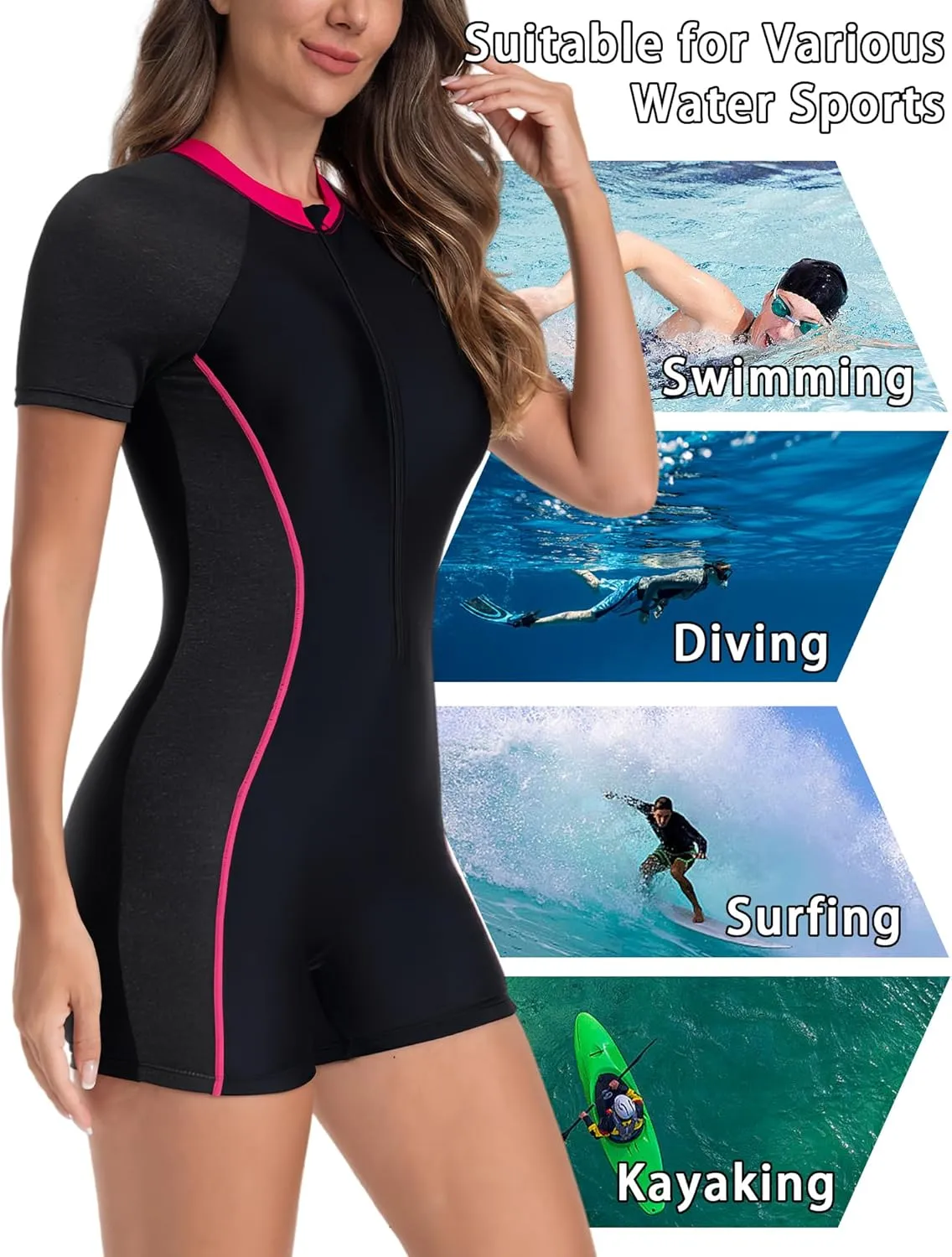 FEOYA One Piece Short Sleeve Athletic Swimsuit Women Zip Front Surf Bathing Suit Built in Bra Boyleg Rash Guard Swimsuit