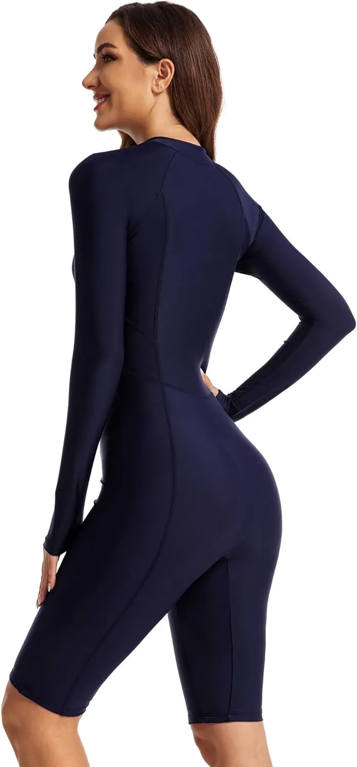 FEOYA Women One Piece Swimsuit Boyleg Rashguard Tummy Control Front Zip Up Bathing Suit with Boyshorts