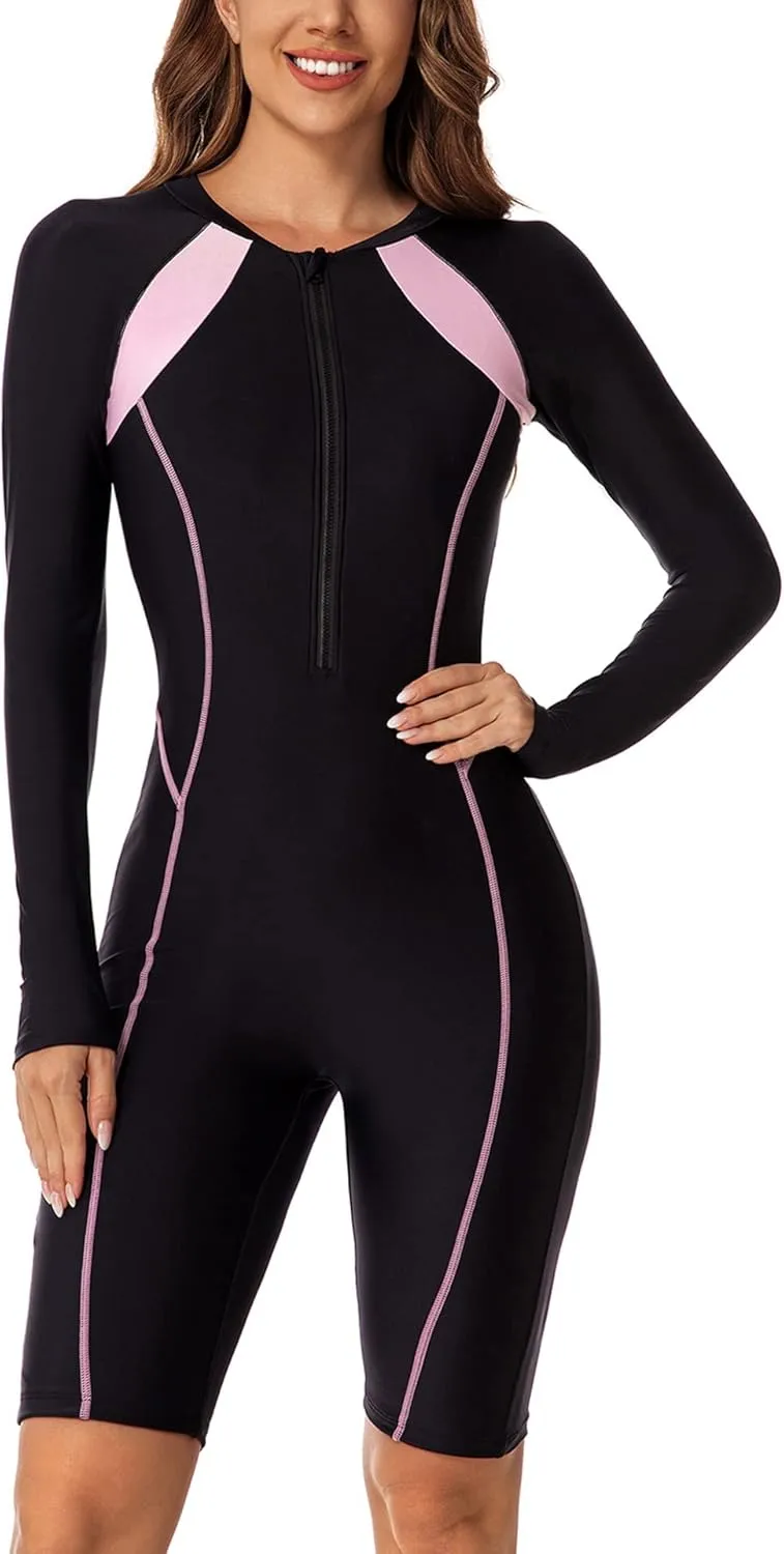 FEOYA Women One Piece Swimsuit Boyleg Rashguard Tummy Control Front Zip Up Bathing Suit with Boyshorts