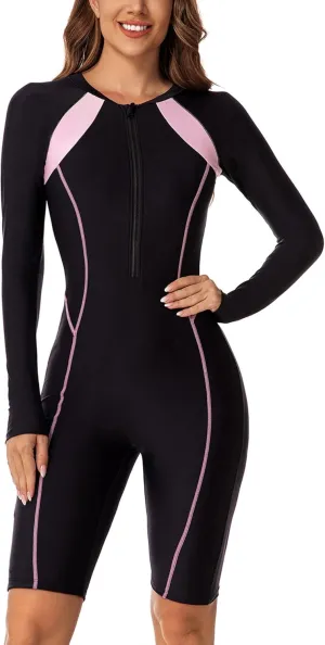 FEOYA Women One Piece Swimsuit Boyleg Rashguard Tummy Control Front Zip Up Bathing Suit with Boyshorts