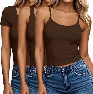 Ficerd 3 Pack Women's Cotton Tops Scoop Neck Short Sleeve T Shirt Summer Slim Fit Tank Top Basic Tight Camisole Tank