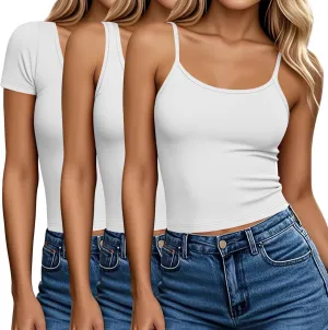 Ficerd 3 Pack Women's Cotton Tops Scoop Neck Short Sleeve T Shirt Summer Slim Fit Tank Top Basic Tight Camisole Tank