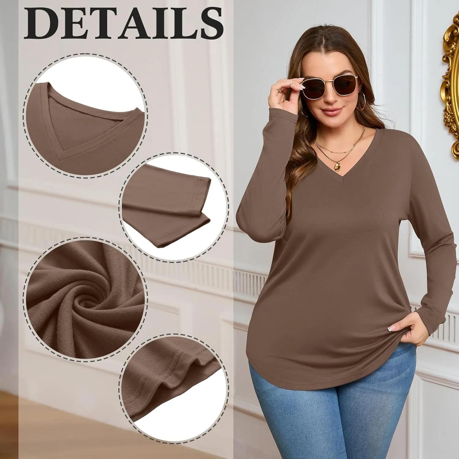 Ficerd 3 Pack Women's Plus Size T-Shirts, V Neck Long Sleeve Blouse Shirts Loose Fit Curved Hem Tees Casual Swing Tunic Tops